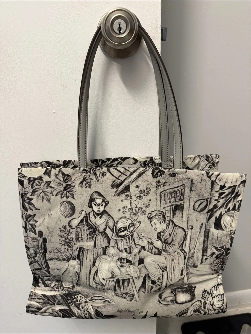 Tory Burch Ella Alien Print Canvas Logo Tote with Grey Leather Trim NWOT